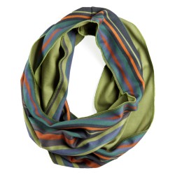 Circle view of green orange and blue striped infinity scarf