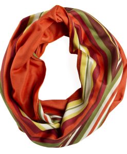 Circle view of orange yellow and green striped infinity scarf